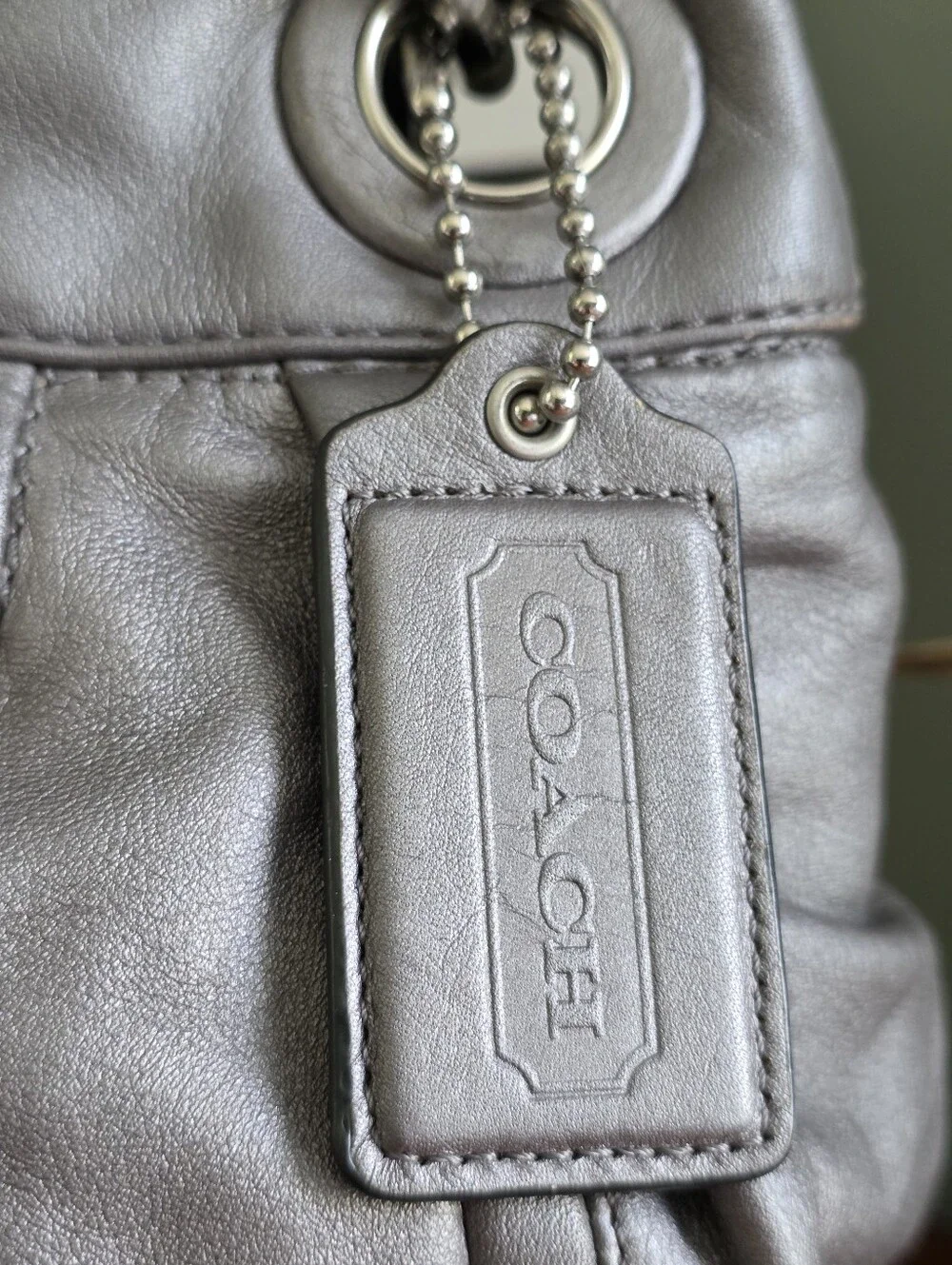 Coach F13411 Parker Shoulder Bag Metallic Silver Leather Hobo Purse Y2K